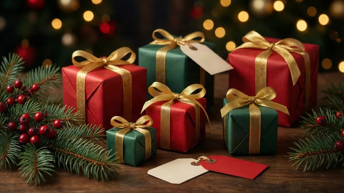 Wrapped red and green gifts with gold ribbons sit on a wooden surface near pine branches and red berries.