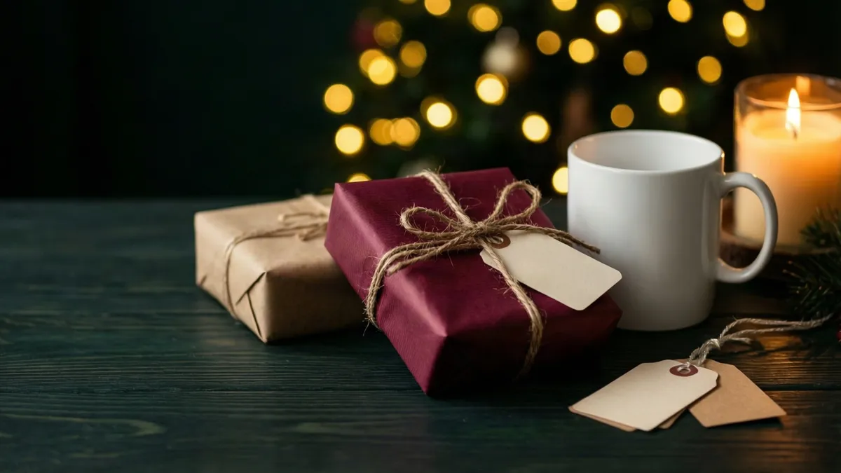 A small parcel in deep red paper tied with twine and a blank tag, a kraft-paper parcel behind it, a white mug and a lit candle on dark wood, with warm string lights out of focus behind