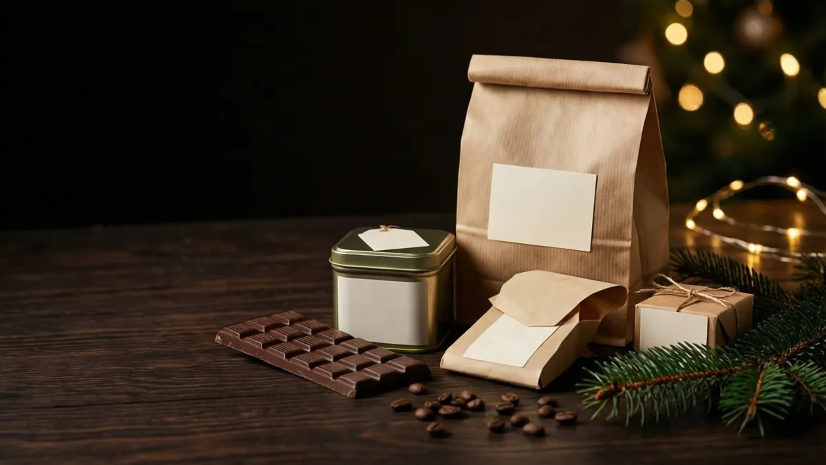 A chocolate bar, coffee beans, a tin, and brown paper packages with blank labels sit on a dark wooden table beside pine branches and warm lights.