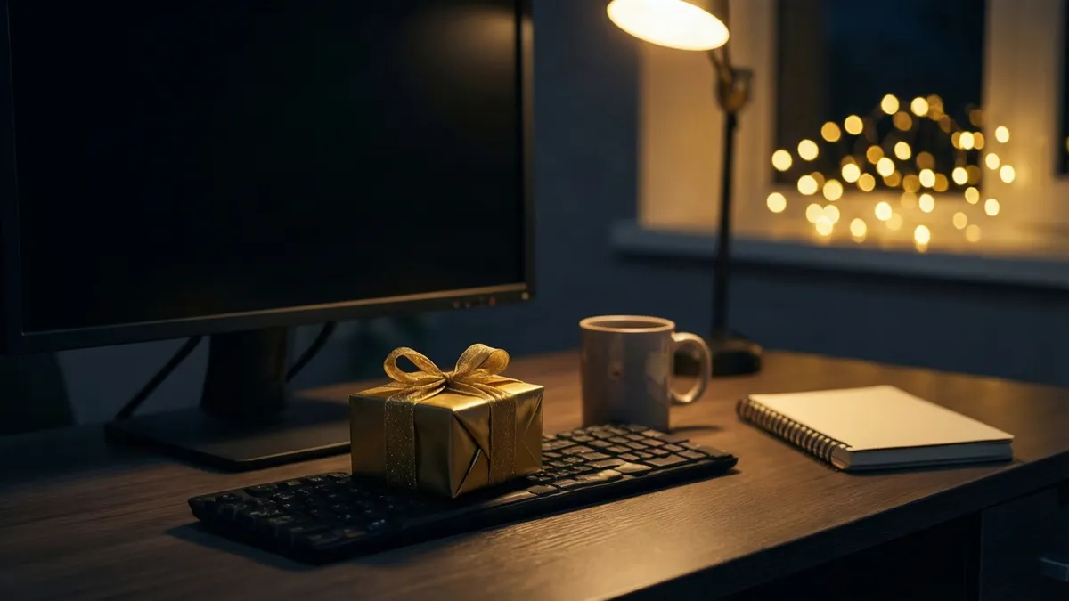 A gold-wrapped gift left on a keyboard at an after-hours desk, with a dark monitor, a desk lamp, a mug and a closed notebook