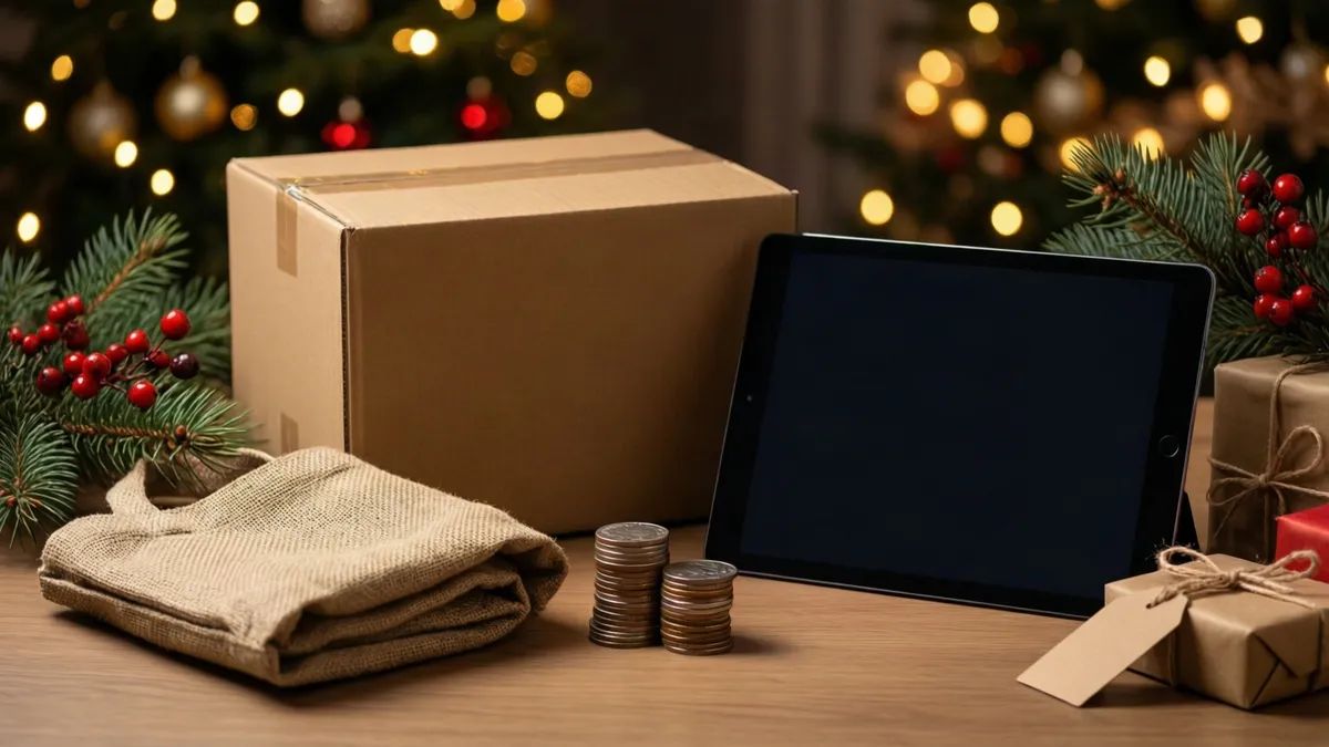 A cardboard box, tablet, burlap sack, and coins sit on a wooden table surrounded by wrapped gifts and festive greenery against a blurred background.