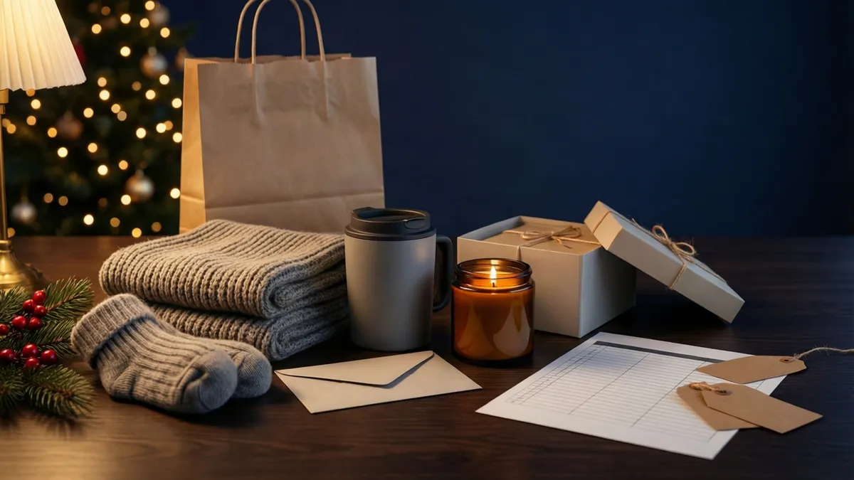 A cozy holiday scene features a lit candle, wrapped gifts, a travel mug, knitted socks, and a paper bag on a dark wooden table, with a blurred.
