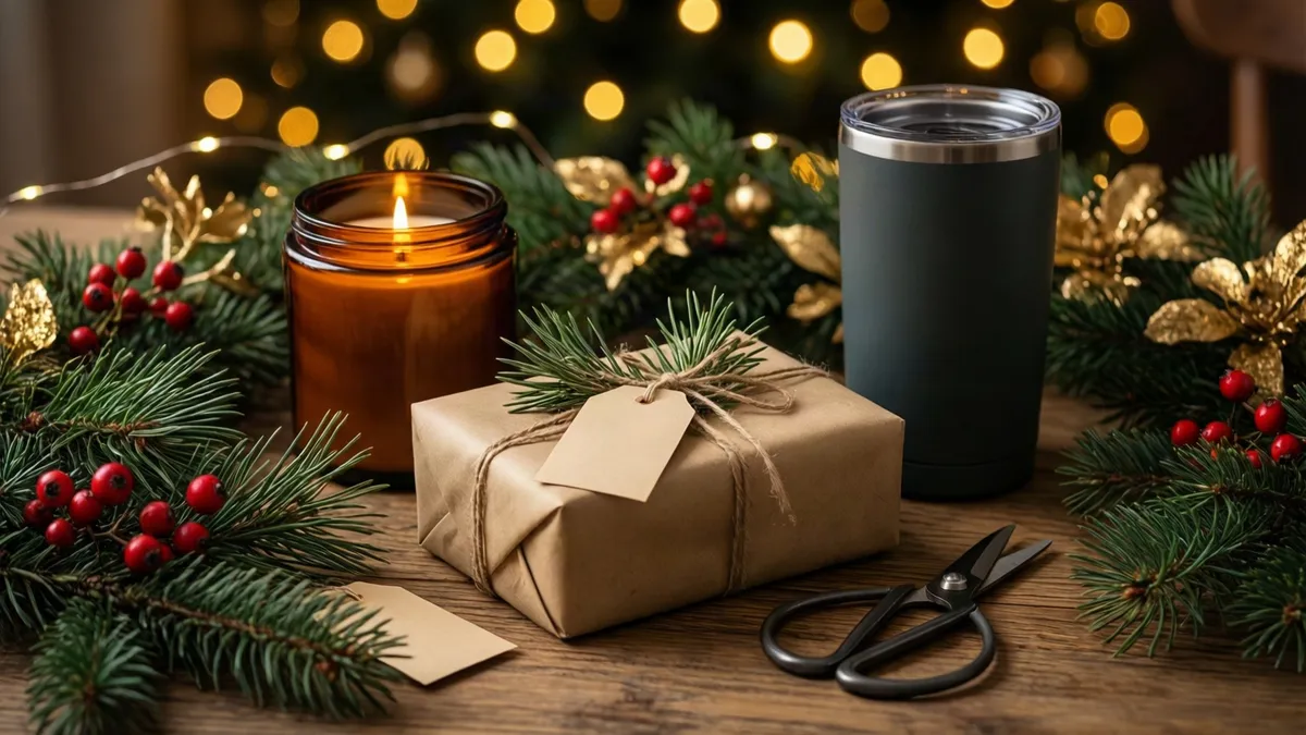 A wrapped gift, amber candle, and dark tumbler sit on a wooden table surrounded by pine branches, red berries, gold ornaments, and black scissors.